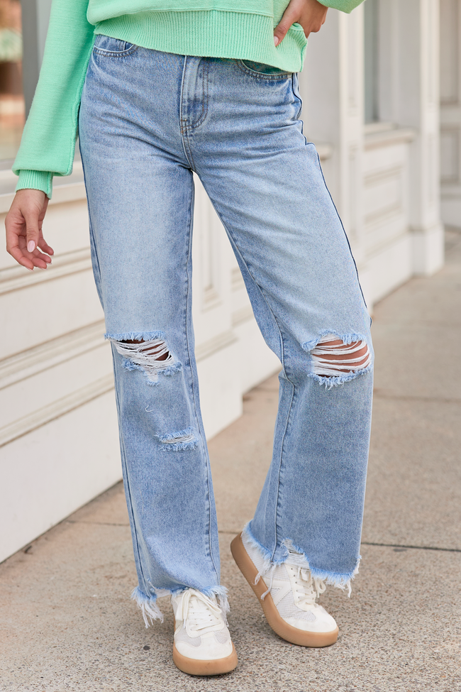 Ariel Light Wash Distressed Wide Leg Jeans