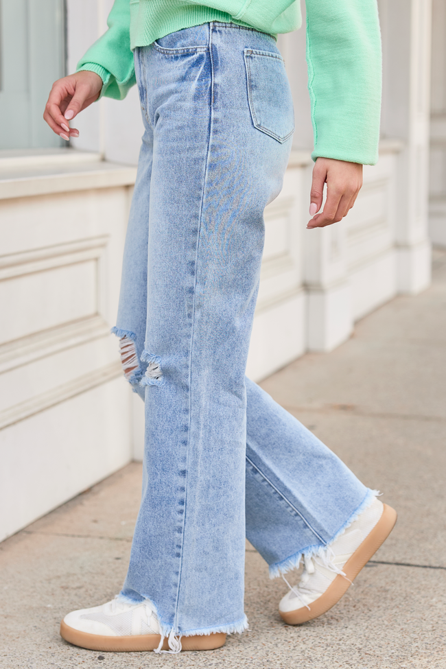 Ariel Light Wash Distressed Wide Leg Jeans