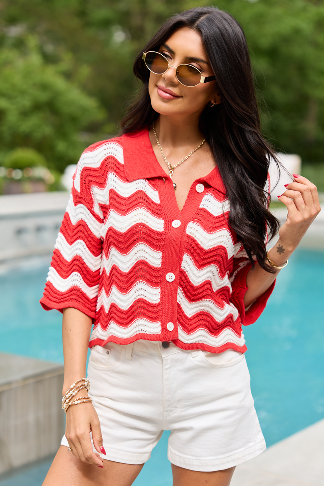 Ariel Red And White Striped Short Sleeve Cardigan FINAL SALE