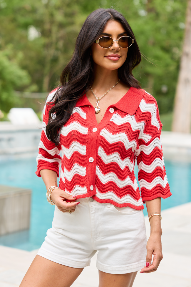 Ariel Red And White Striped Short Sleeve Cardigan FINAL SALE