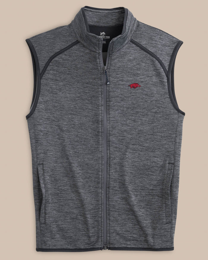 The front view of the Southern Tide Arkansas Razorbacks Baybrook Heather Vest by Southern Tide - Heather Black