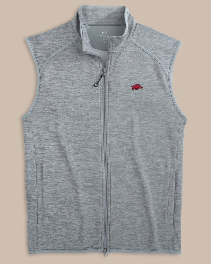 The front view of the Southern Tide Arkansas Razorbacks Baybrook Heather Vest by Southern Tide - Heather Ultimate Grey