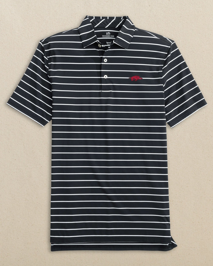 The front view of the Southern Tide Arkansas Razorbacks brrr°®-eeze Desmond Stripe Polo by Southern Tide - Black