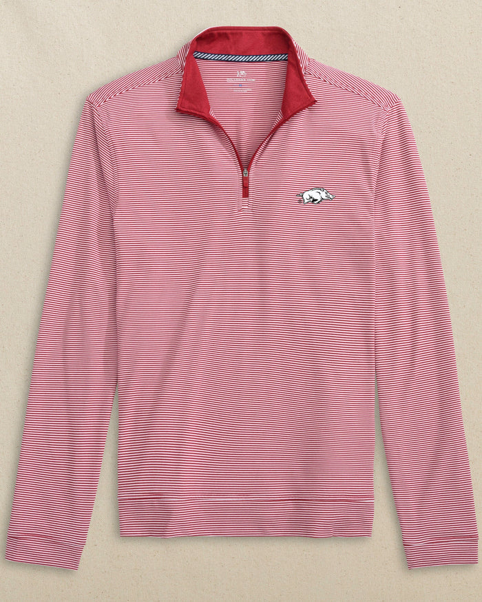 The front view of the Arkansas Razorbacks Cruiser Micro-Stripe Heather Quarter Zip by Southern Tide - Heather Crimson