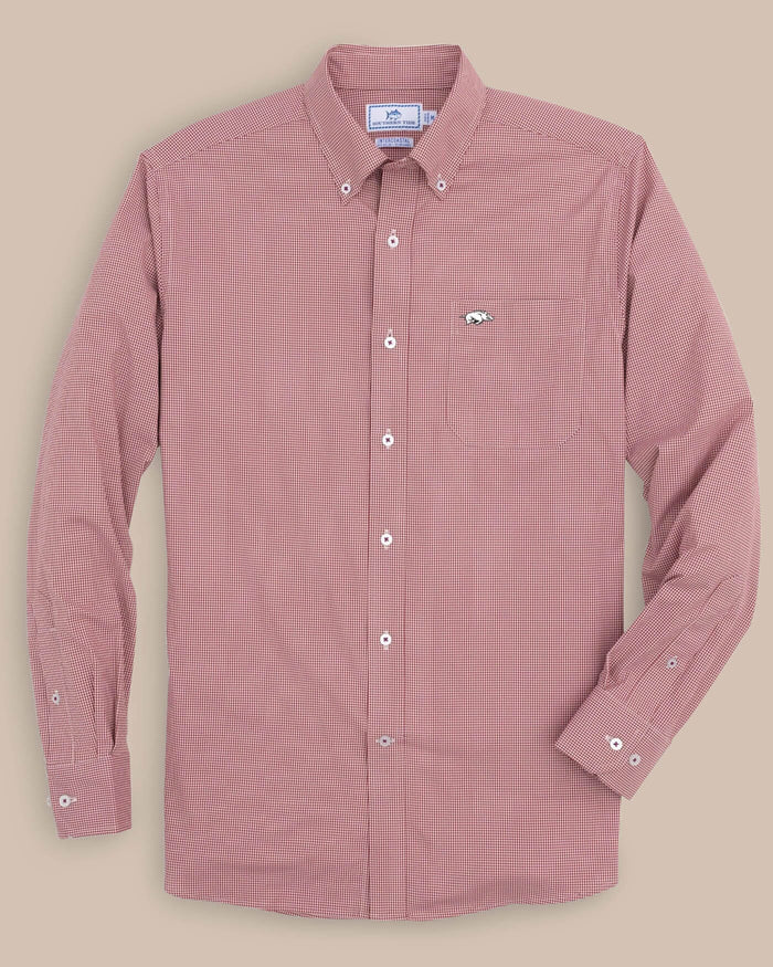The front view of the Arkansas Razorbacks Gingham Button Down Shirt by Southern Tide - Crimson