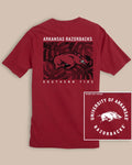 The back view of the Arkansas Razorbacks Halftone Monstera T-Shirt by Southern Tide - Crimson