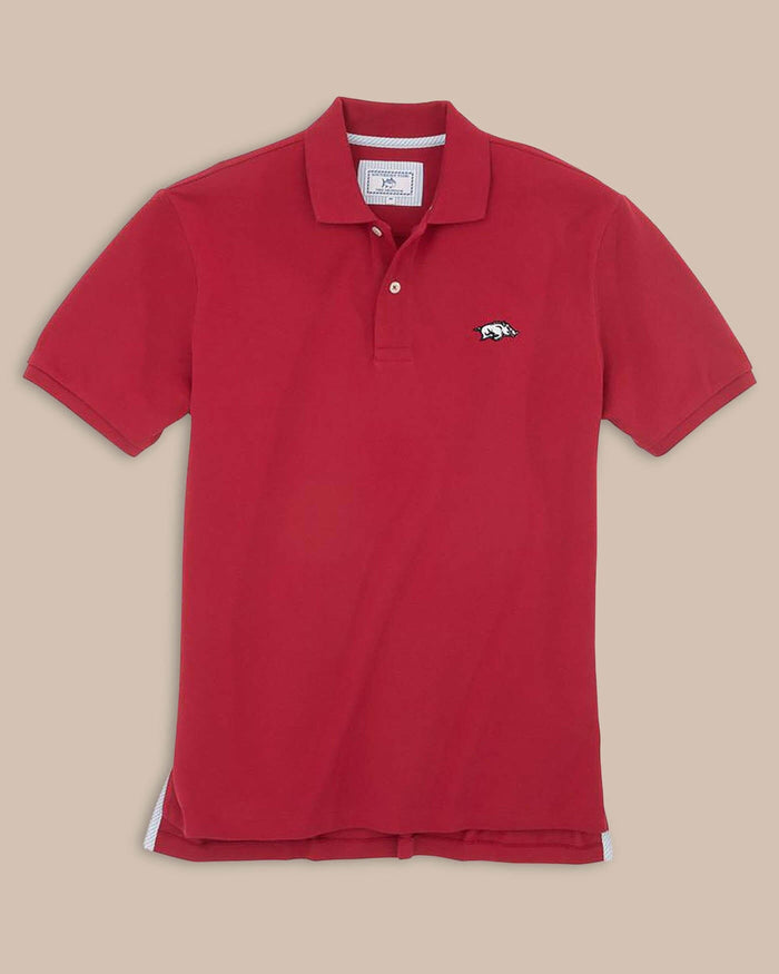 The front view of the Arkansas Razorbacks Pique Polo Shirt by Southern Tide - Crimson
