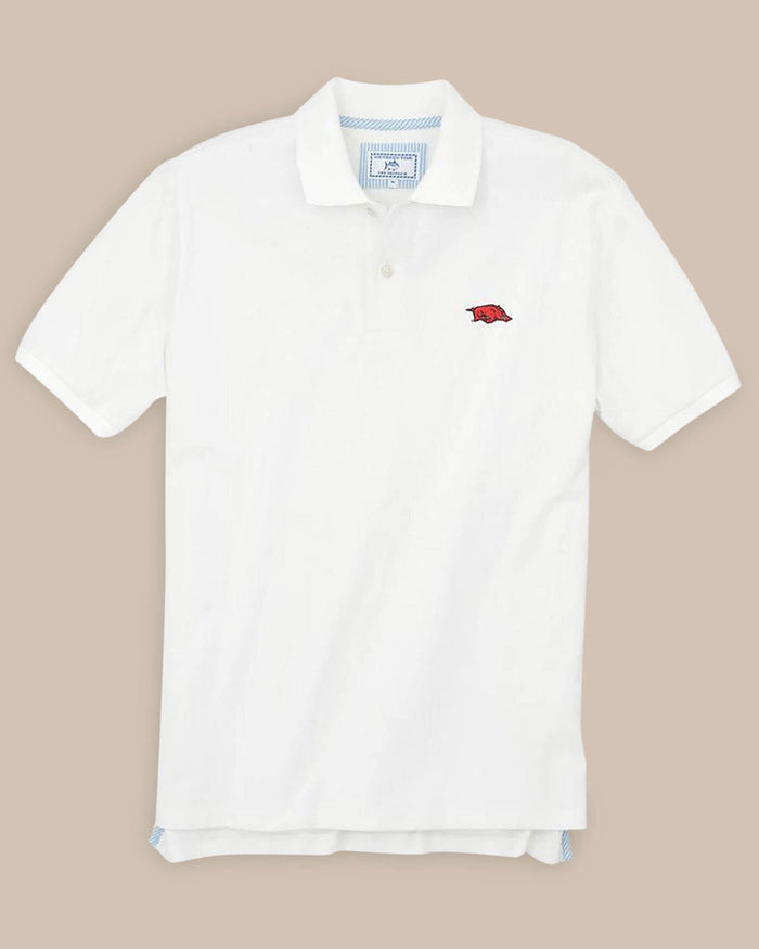 The front view of the Arkansas Razorbacks Pique Polo Shirt by Southern Tide - Classic White