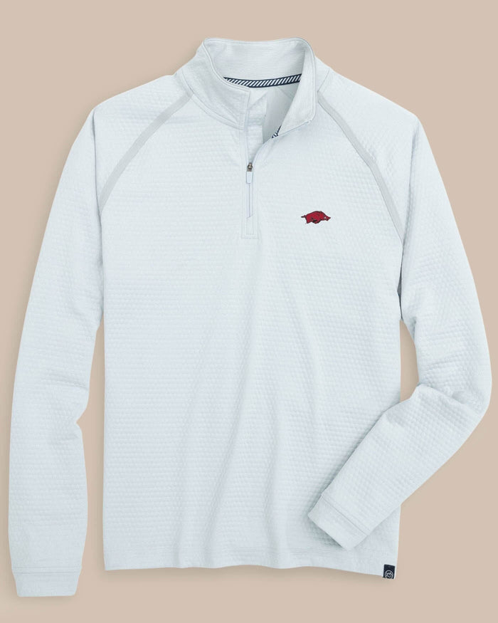 The front view of the Arkansas Razorbacks Scuttle Heather Quarter Zip by Southern Tide - Heather Slate Grey