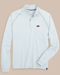 The front view of the Arkansas Razorbacks Scuttle Heather Quarter Zip by Southern Tide - Heather Slate Grey