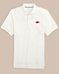 The front view of the Arkansas Razorbacks Skipjack Polo by Southern Tide - Classic White