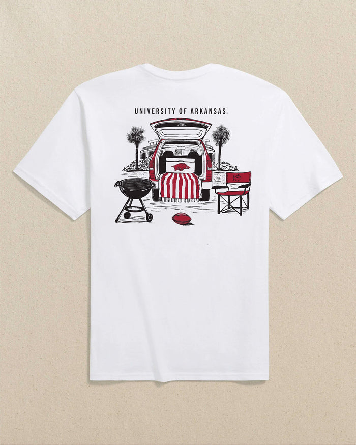 The back view of the Southern Tide Arkansas Razorbacks Stadium View Short Sleeve T-Shirt by Southern Tide - Classic White