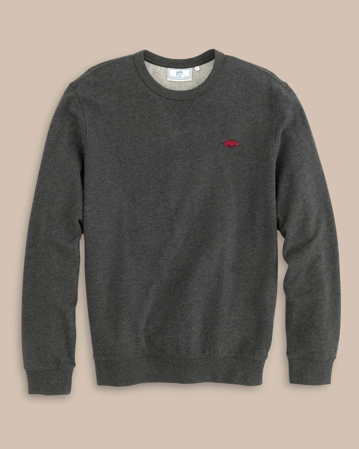 The front view of the Arkansas Upper Deck Pullover Sweatshirt by Southern Tide - Heather Black