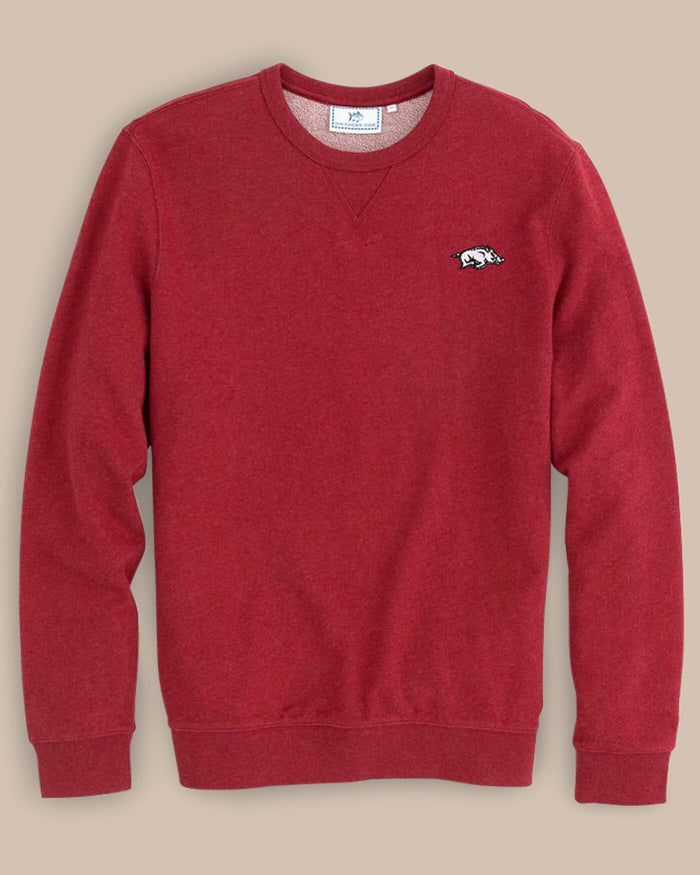 The front view of the Men's Red Arkansas Upper Deck Pullover Sweatshirt by Southern Tide - Heather Crimson