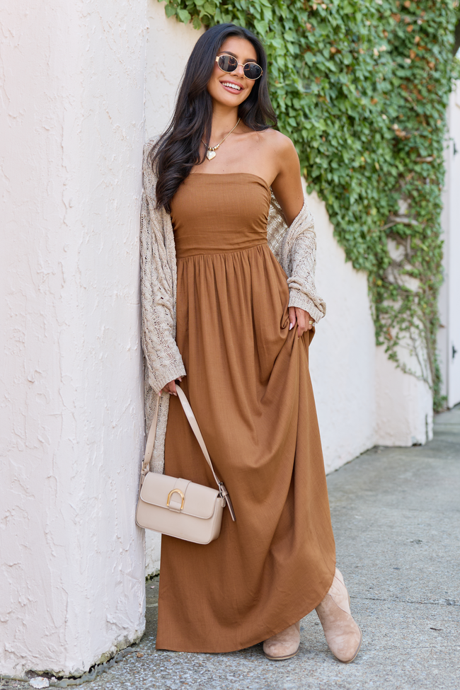 As You Wish Brown Strapless Maxi Dress