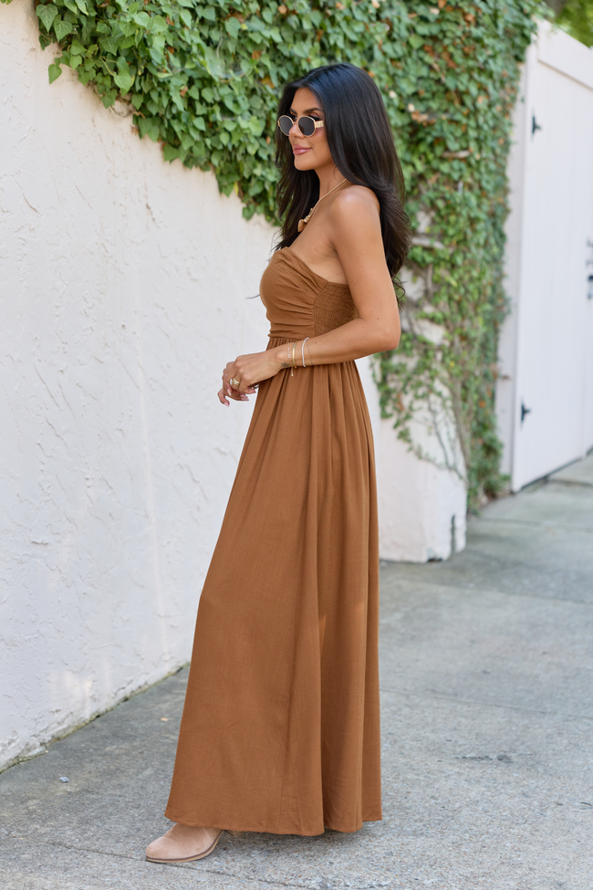 As You Wish Brown Strapless Maxi Dress