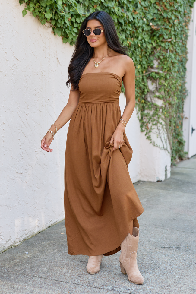 As You Wish Brown Strapless Maxi Dress