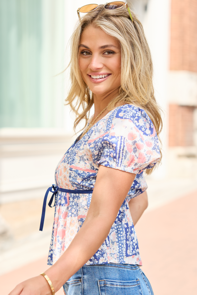 Aubryn Blue Patchwork Print Sweetheart Top FINAL SALE