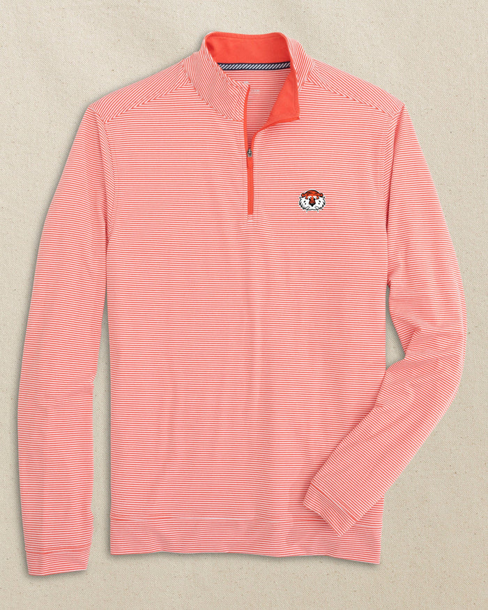 The front view of the Southern Tide Auburn Tiger Head Cruiser Micro-Stripe Heather Quarter Zip by Southern Tide - Heather Endzone Orange