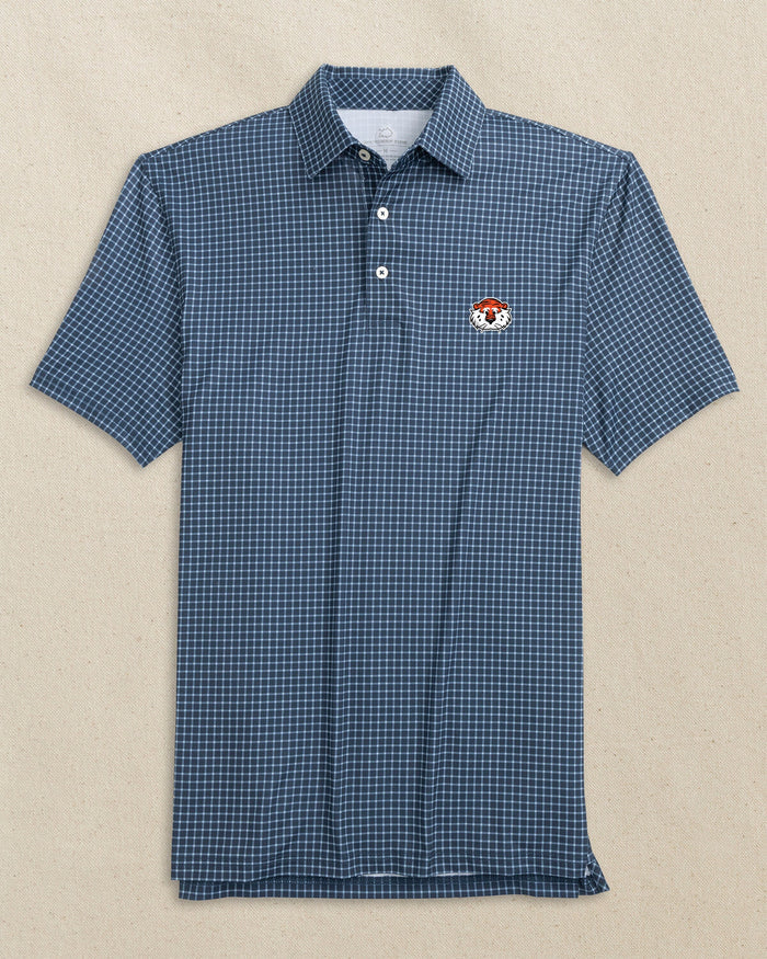 The front view of the Southern Tide Auburn Tiger Head Driver Dunes Edge Plaid Polo by Southern Tide - Navy