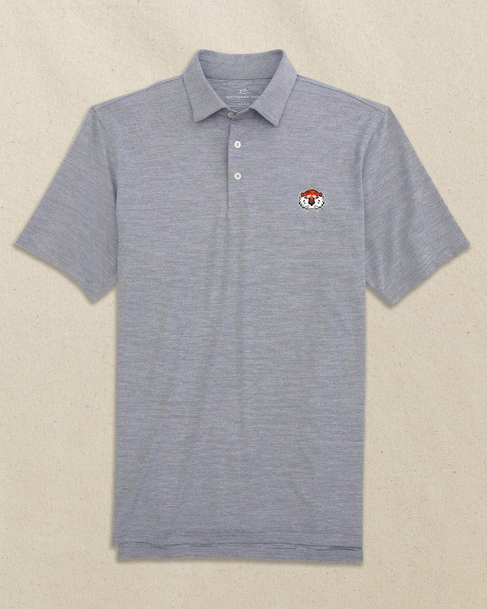 The front view of the Southern Tide Auburn Tiger Head Spacedye Polo by Southern Tide - Navy