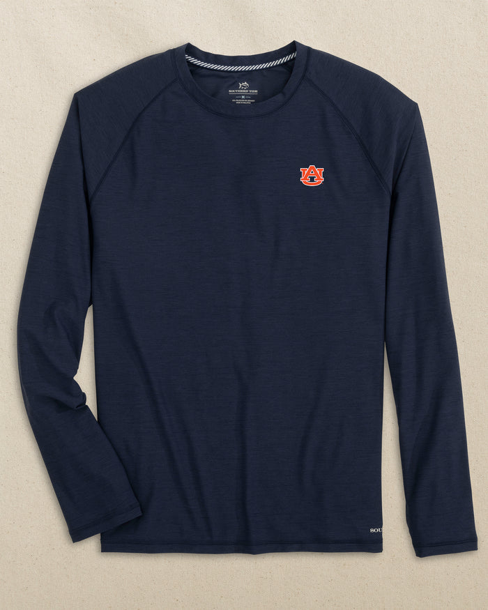 The front view of the Southern Tide Auburn Tigers brrr°®-illiant Performance Long Sleeve T-Shirt by Southern Tide - Nautical Navy