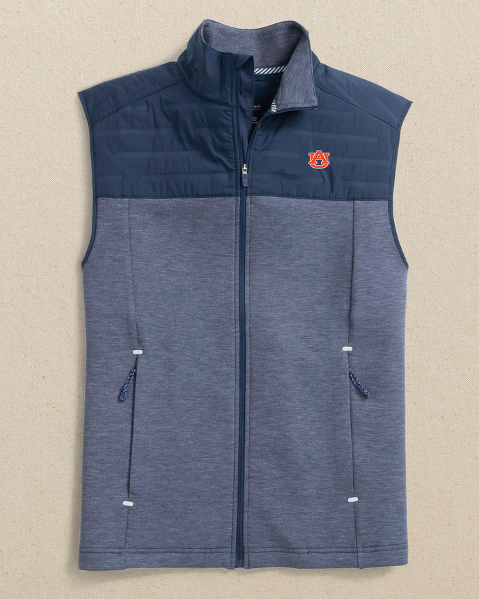 The front view of the Southern Tide Auburn Tigers Coligny Quilted Vest by Southern Tide - Dress Blue