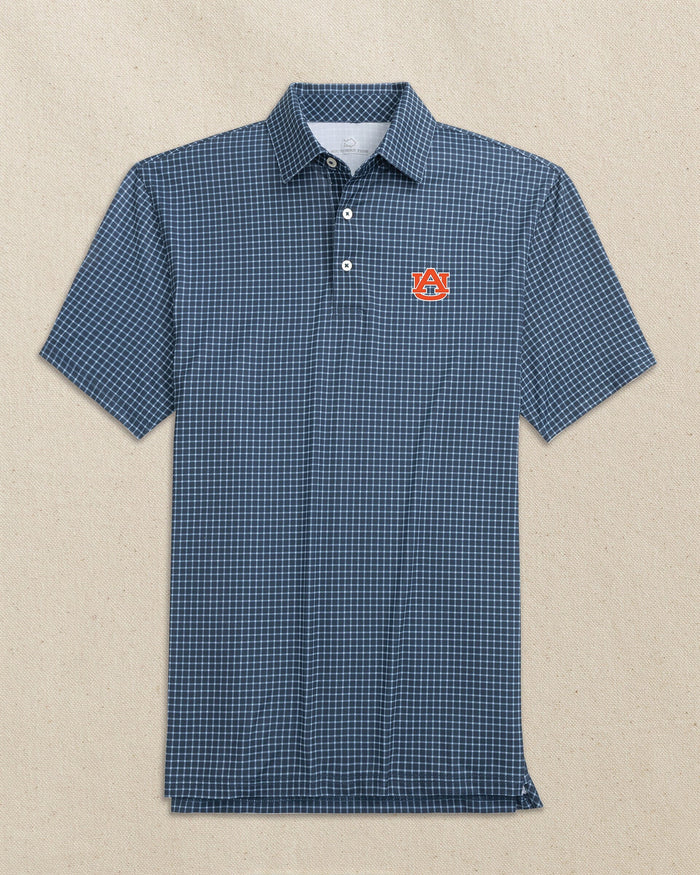 The front view of the Southern Tide Auburn Tigers Driver Dunes Edge Plaid Polo by Southern Tide - Navy
