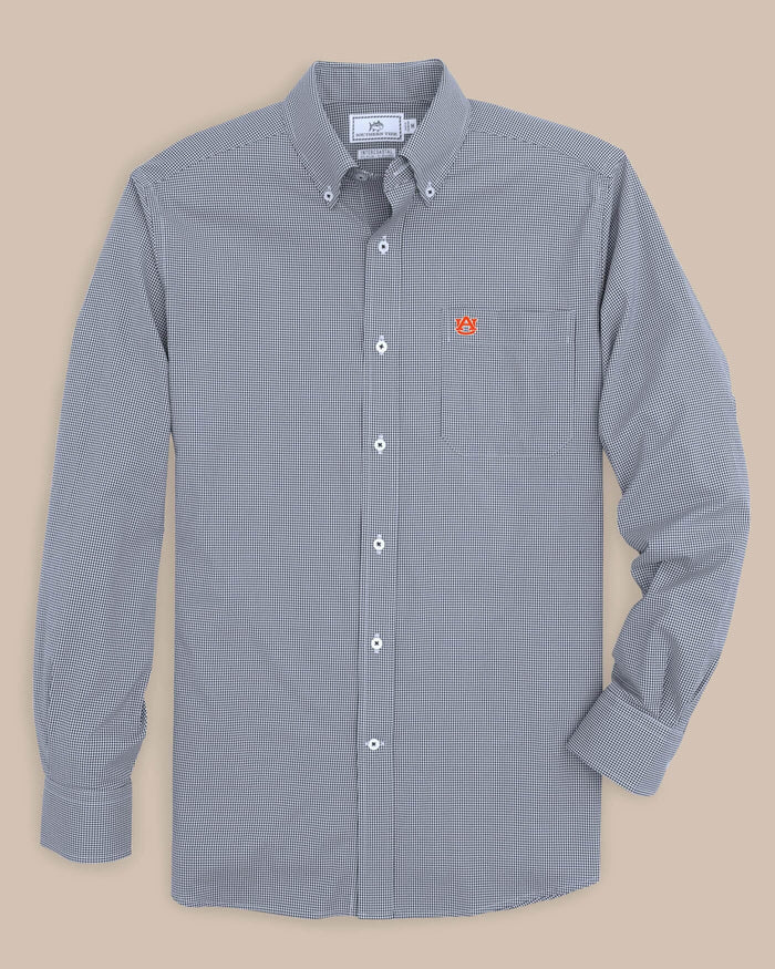 The front view of the Men's Navy Auburn Tigers Gingham Button Down Shirt by Southern Tide - Navy