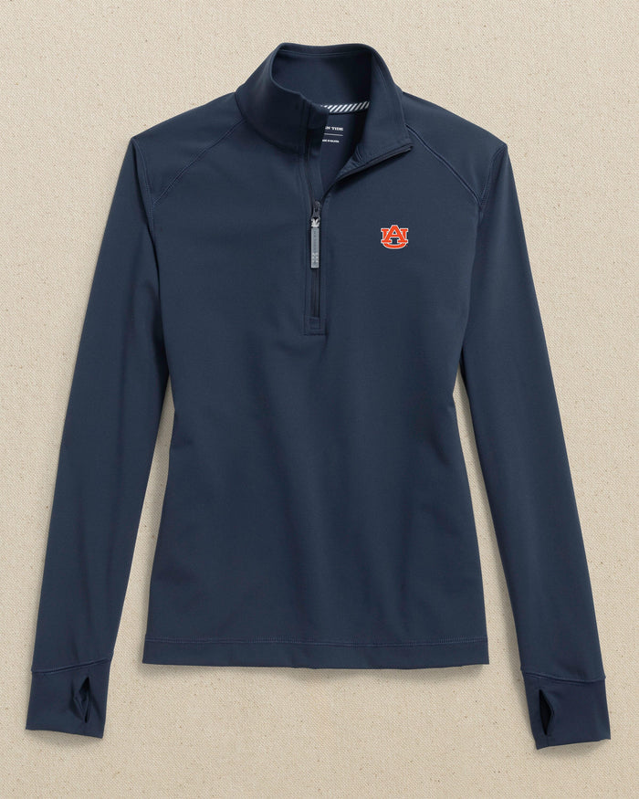 The front view of the Southern Tide Auburn Tigers Women's Runaround Quarter Zip by Southern Tide - Dress Blue