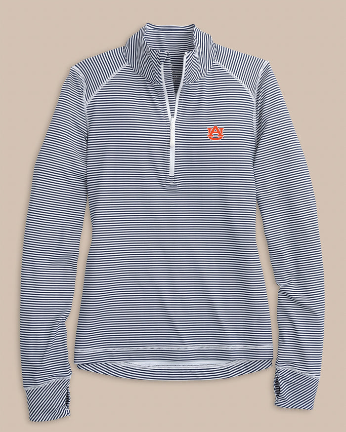 The front view of the Southern Tide Auburn Tigers Women's Striped Runaround Quarter Zip by Southern Tide - Dress Blue