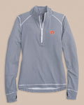 The front view of the Southern Tide Auburn Tigers Women's Striped Runaround Quarter Zip by Southern Tide - Dress Blue