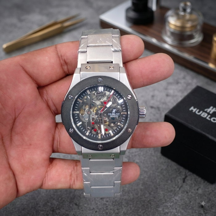 Automatic Skeleton Watch Date Style Watch – Elegant Diamond Markers & Stainless Steel Band
