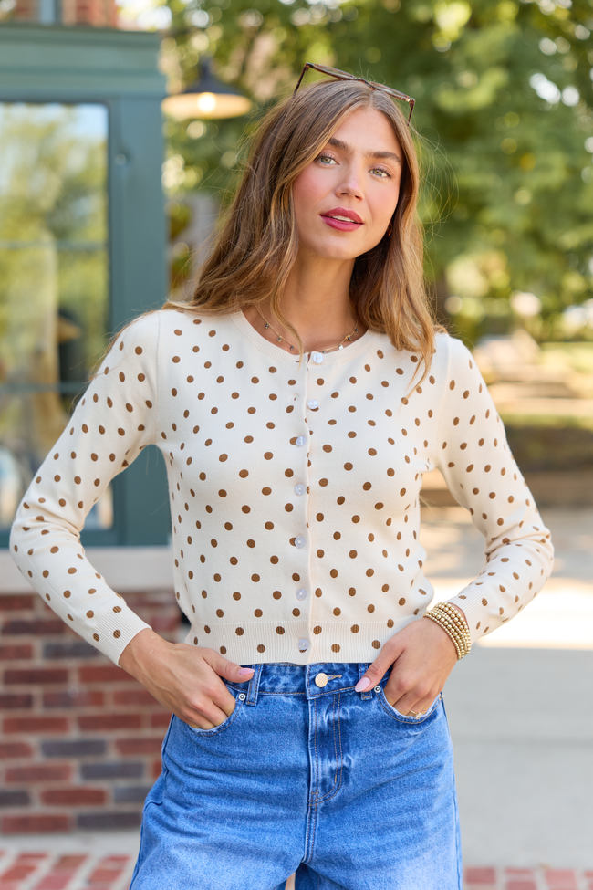 Autumn Muse Polka Dot Button-Up Cardigan Sweater Cream/Brown