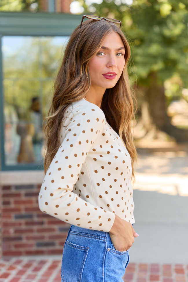Autumn Muse Polka Dot Button-Up Cardigan Sweater Cream/Brown
