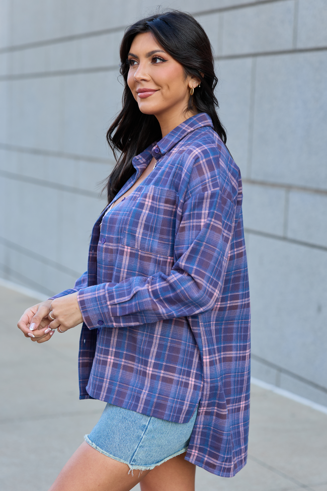Autumn Navy And Purple Plaid Flannel Top FINAL SALE