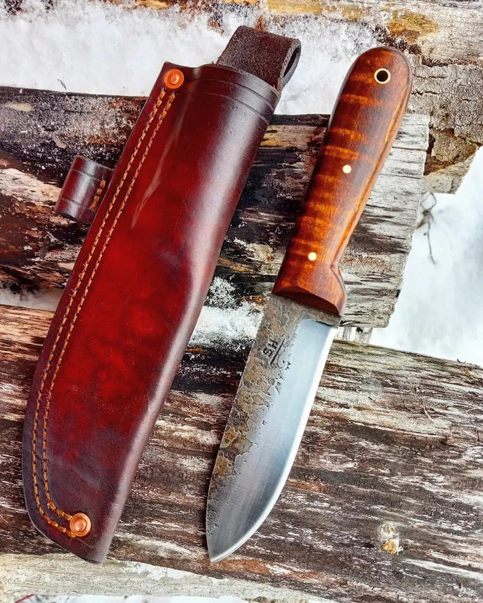 Gunstock Tiger Maple 4 1/2" Blade Shown with optional ferro rod loop on sheath