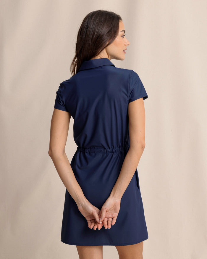 The back view of the Southern Tide Bailee Short Sleeve Performance Dress by Southern Tide - Dress Blue