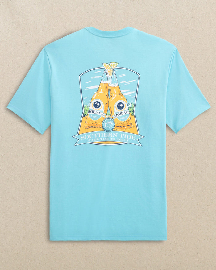 The back view of the Southern Tide Beach Cheers Short Sleeve T-Shirt by Southern Tide - Tropical Breeze Blue