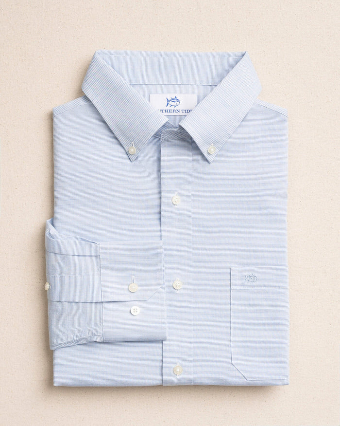 The front view of the Southern Tide Beachcomber Stripe Sport Shirt by Southern Tide - Light Blue