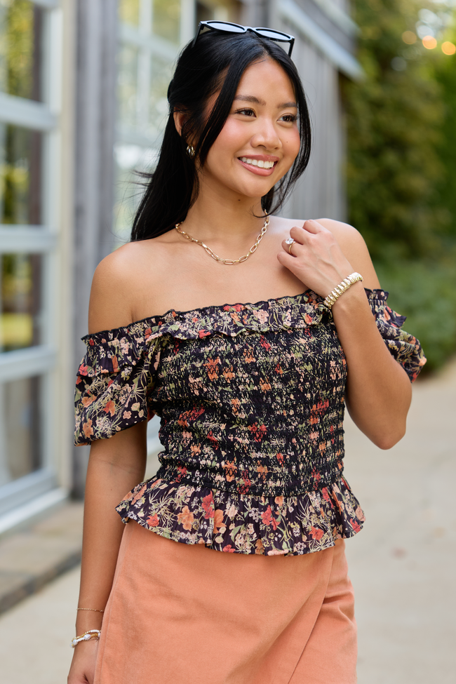 Beautifully Done Black Floral Smocked Peplum Blouse
