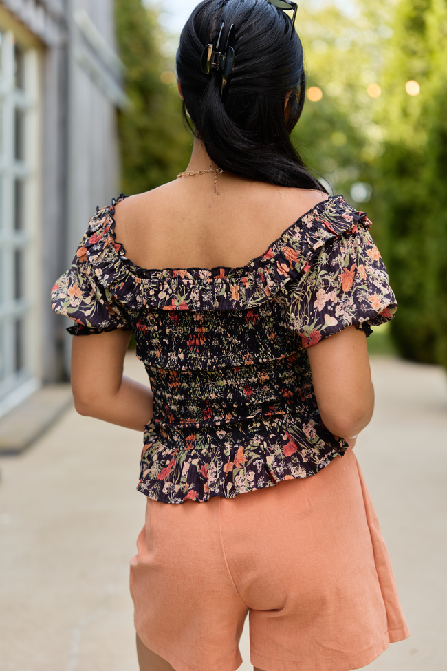 Beautifully Done Black Floral Smocked Peplum Blouse