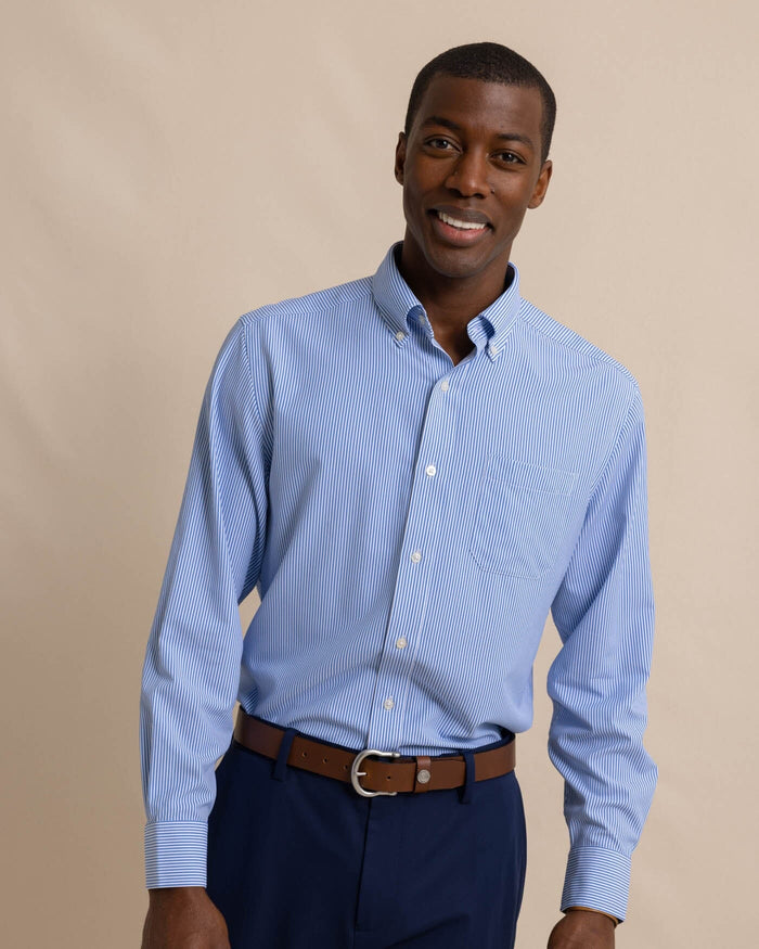 The front view of the Southern Tide Bengal Stripe brrr°® Intercoastal Sport Shirt by Southern Tide - Cobalt Blue