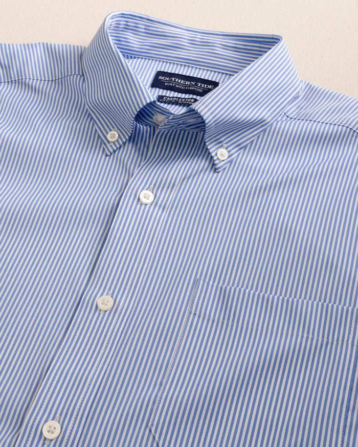 The detail view of the Southern Tide Bengal Stripe brrr°® Intercoastal Sport Shirt by Southern Tide - Cobalt Blue