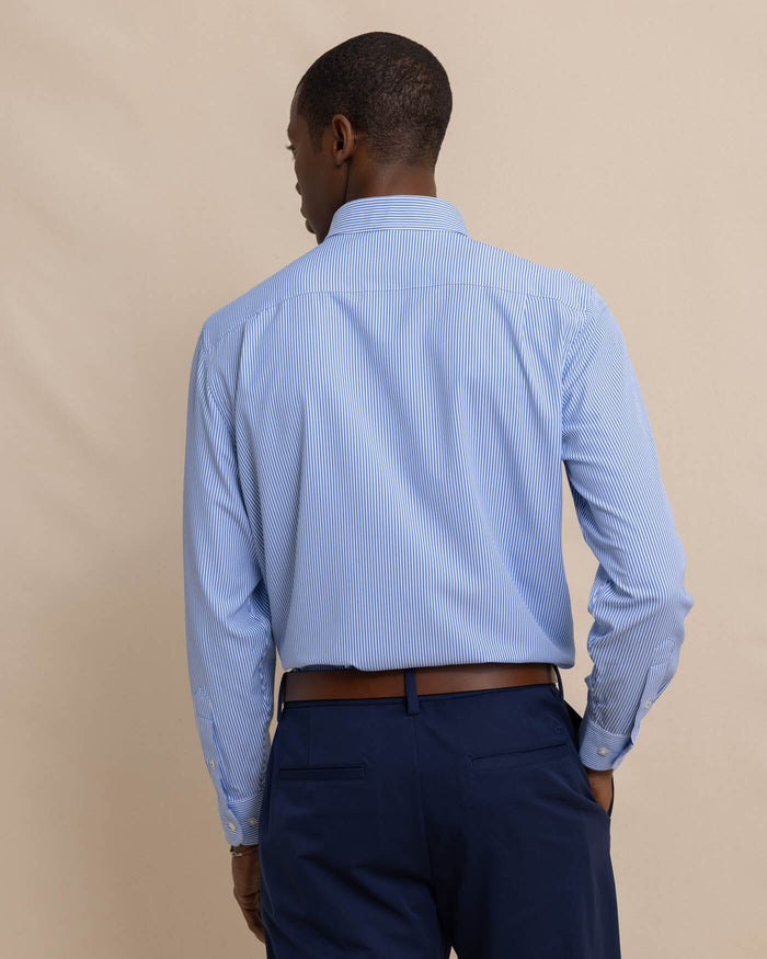 The back view of the Southern Tide Bengal Stripe brrr°® Intercoastal Sport Shirt by Southern Tide - Cobalt Blue