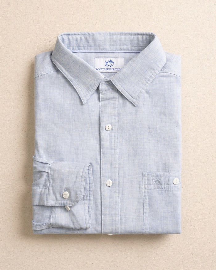 The front view of the Southern Tide Berkeley Solid Double Cloth Sport Shirt by Southern Tide - Heather Cerulean