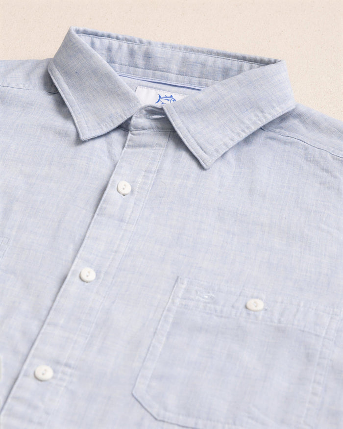 The detail view of the Southern Tide Berkeley Solid Double Cloth Sport Shirt by Southern Tide - Heather Cerulean