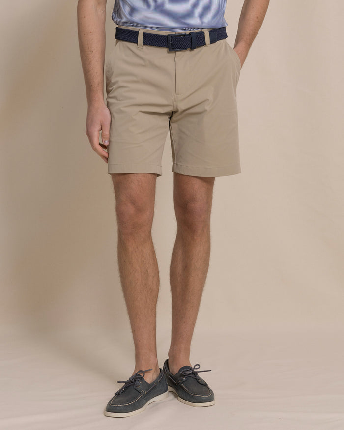 The front view of the Southern Tide Birdie 8" Coastal Breeze® Performance Short by Southern Tide - Sandstone Khaki