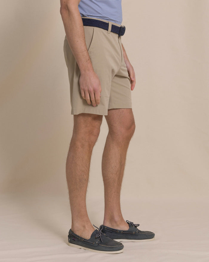 The side view of the Southern Tide Birdie 8" Coastal Breeze® Performance Short by Southern Tide - Sandstone Khaki