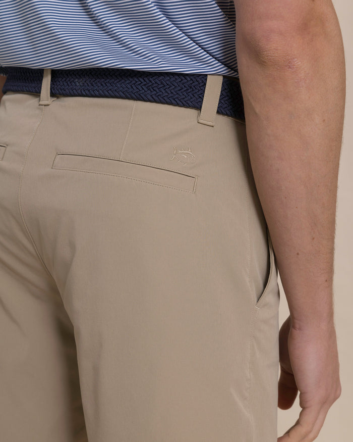 The detail view of the Southern Tide Birdie 8" Coastal Breeze® Performance Short by Southern Tide - Sandstone Khaki